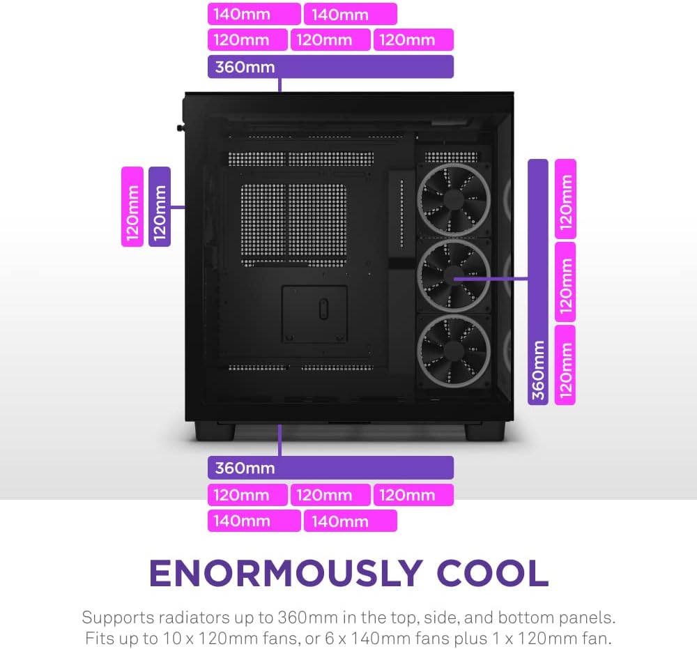 NZXT H9 Elite Dual-Chamber ATX Mid-Tower PC Gaming Case – Includes 3 x 120mm F120 RGB Duo Fans with Controller– Glass Front, Top & Side Panels 360mm Radiator Support Cable Management Black